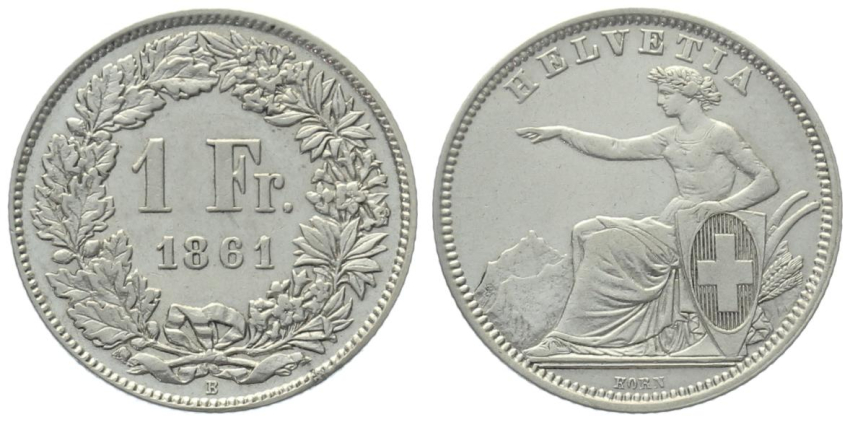 1 Franken 1861 B - sitzende Helvetia in wunderbarer Qualität